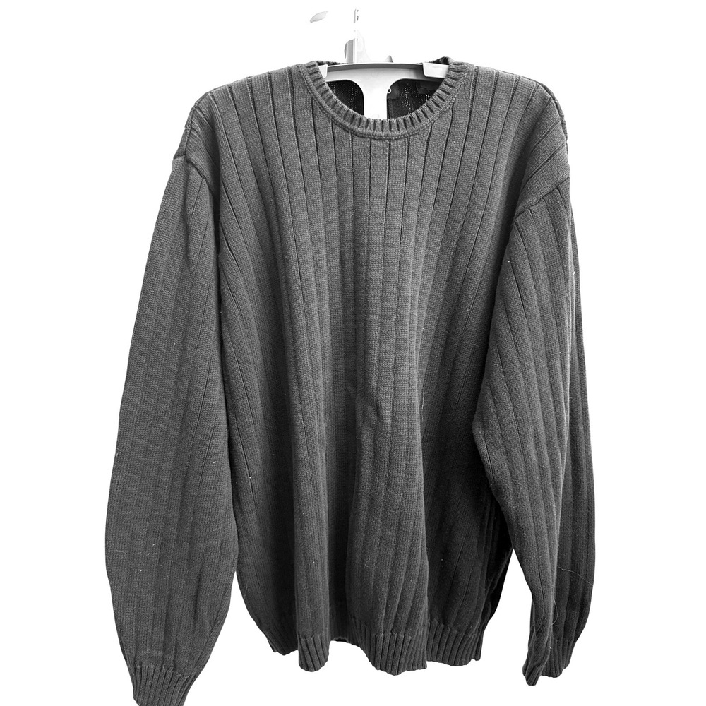 Izod Mens Dk Charcoal Ribbed Knit Crewneck Sweater 100% Cotton Pullover Large